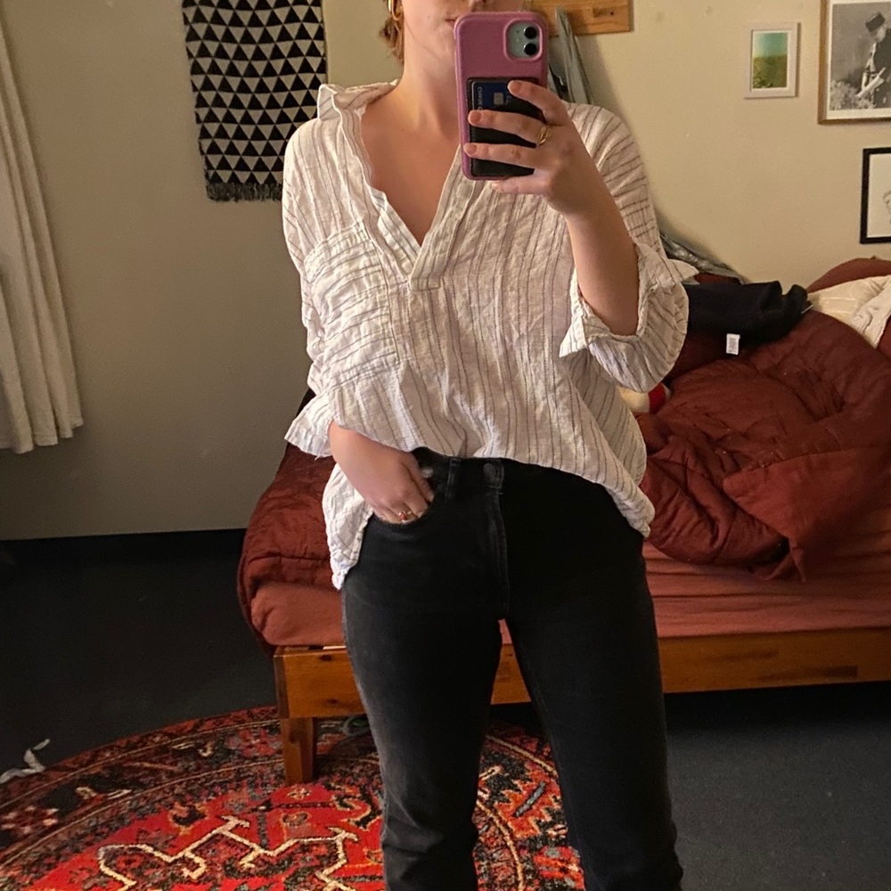 Zara White and Blue Striped Collared Blouse, S